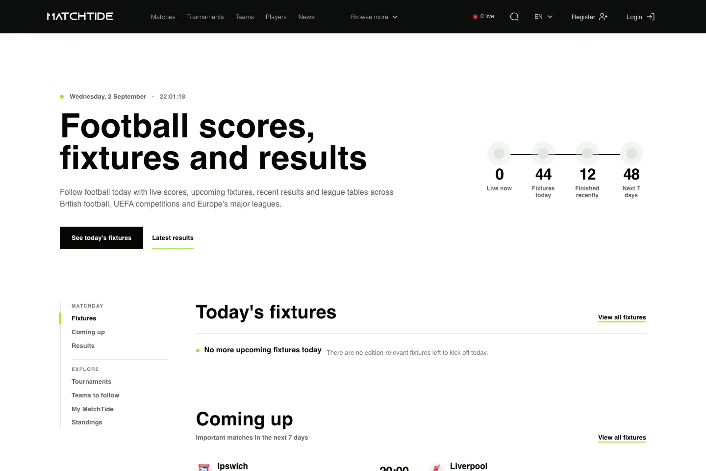MatchTide homepage with football fixtures and matchday overview