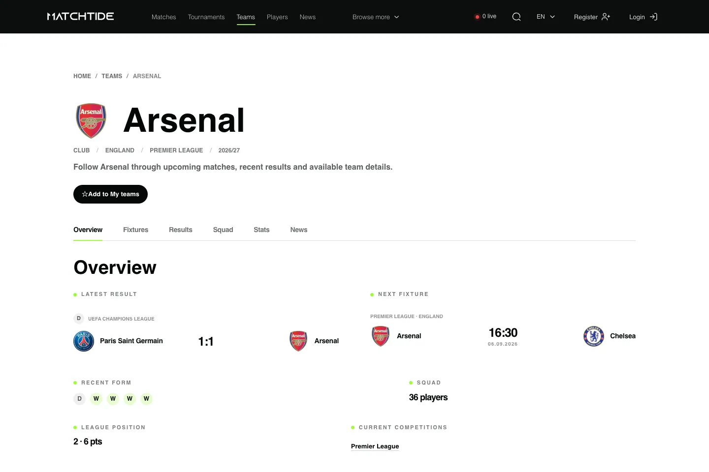 MatchTide Arsenal team page with fixtures and statistics