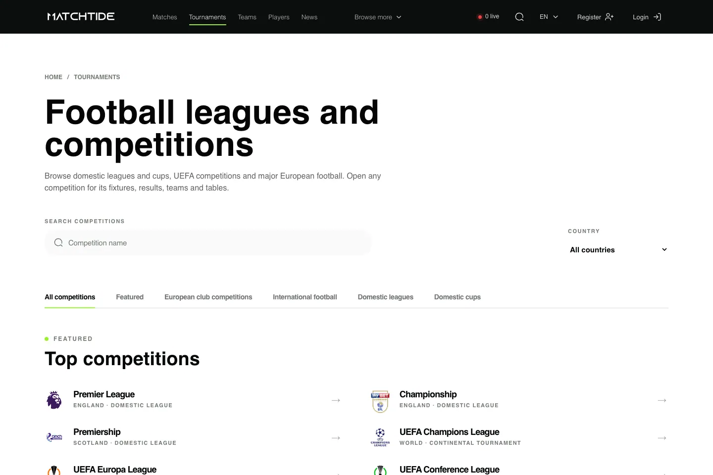 MatchTide football tournaments and competitions page