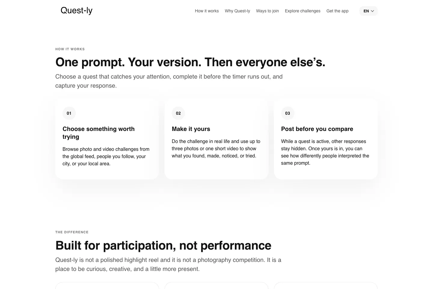 Questly how-it-works sequence for completing a challenge