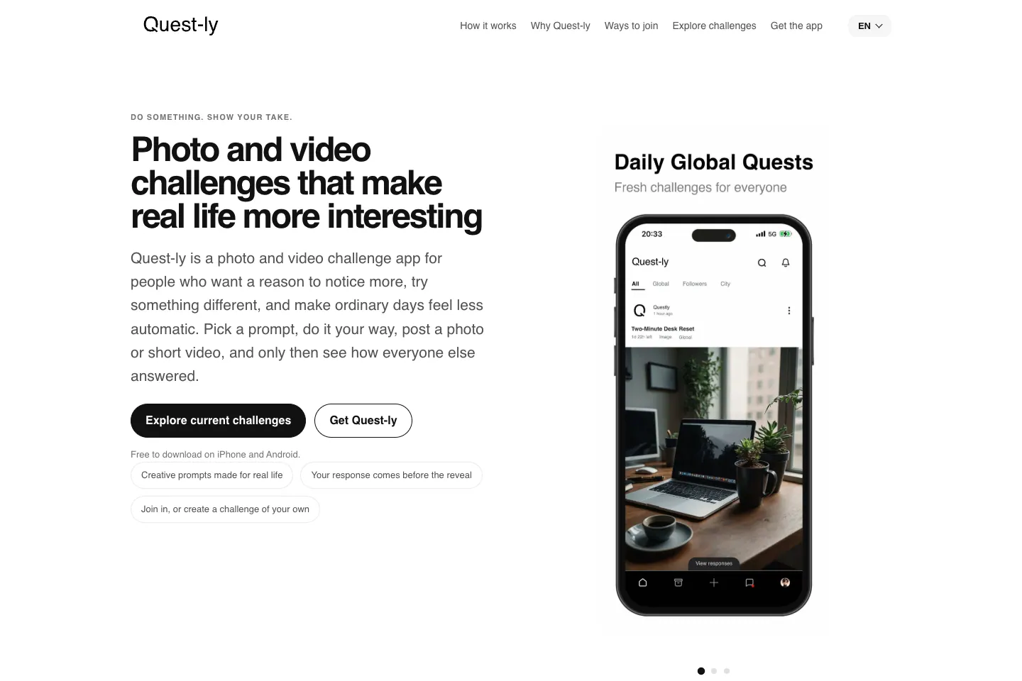 Questly website showing its mobile photo and video challenge experience
