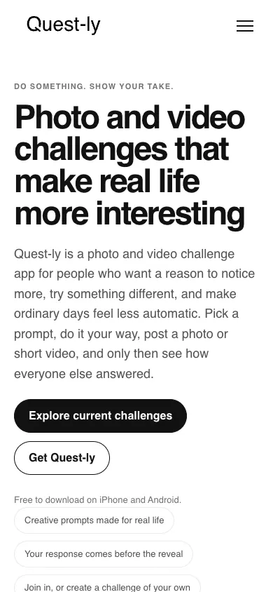 Questly public site on a mobile viewport
