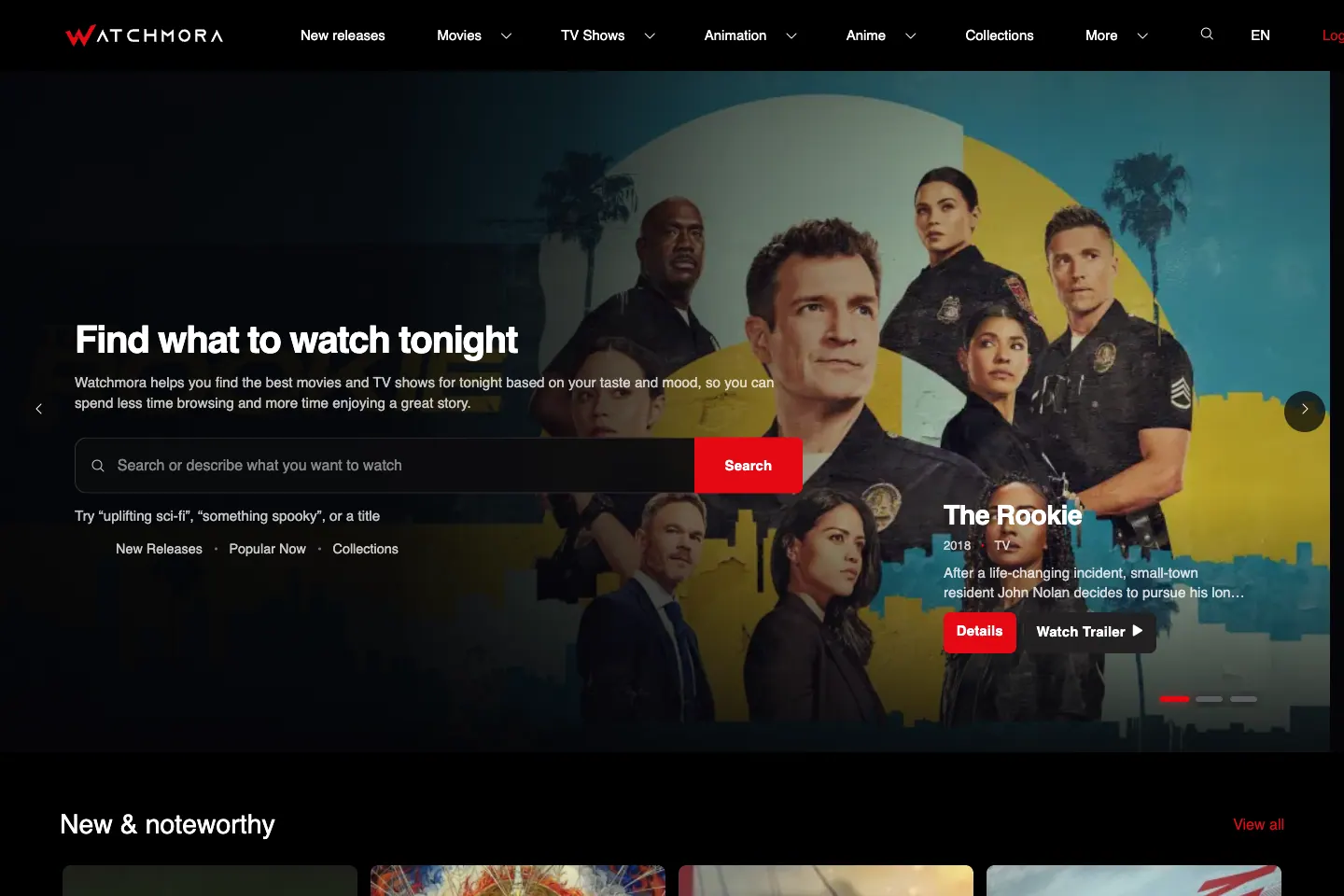 Watchmora homepage with movie and television search