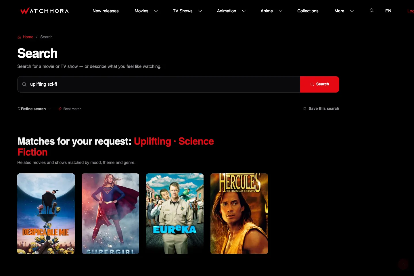 Watchmora search results for an uplifting science-fiction query